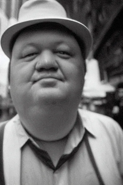 Prompt: close-up film photography 1970s, portrait of fat man in white hat, New York City, soft light, 35mm, film photo, Joel Meyerowitz
