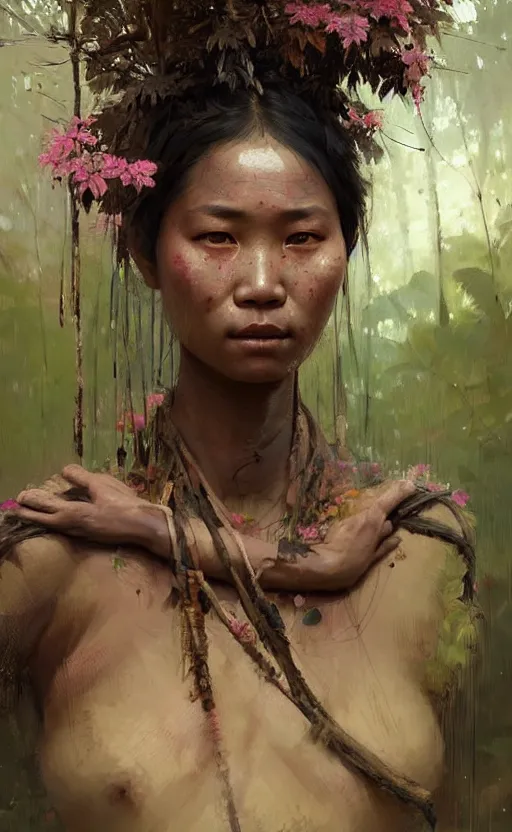 Prompt: detailed portrait of a tribal woman with asian eyes and thick lip forest girl, flowers and trees, by ismail inceoglu dragan bibin hans thoma greg rutkowski alexandros pyromallis nekro rene maritte illustrated, perfect face, fine details, realistic shaded, fine - face, pretty face