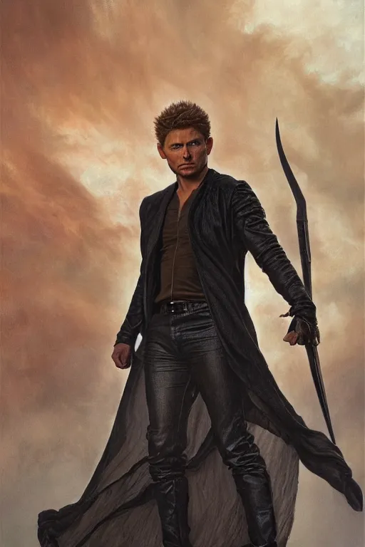 Image similar to a detailed matte portrait of an jensen ackles dressed as angel from buffy the vampire slayer, masterpiece, 8 k, art by donato giancola and greg rutkowski and wayne barlow and zdzisław beksinski