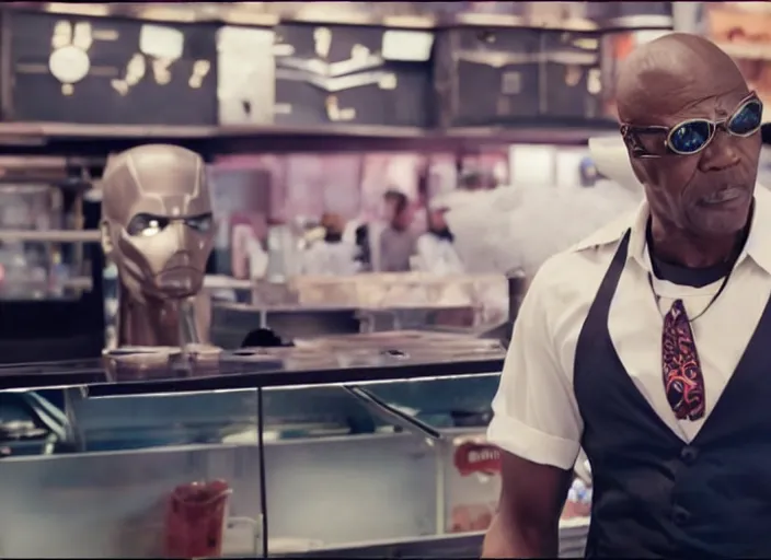 Image similar to film still of Nick Fury working in an Ice Cream shop in the new Avengers movie, 4k