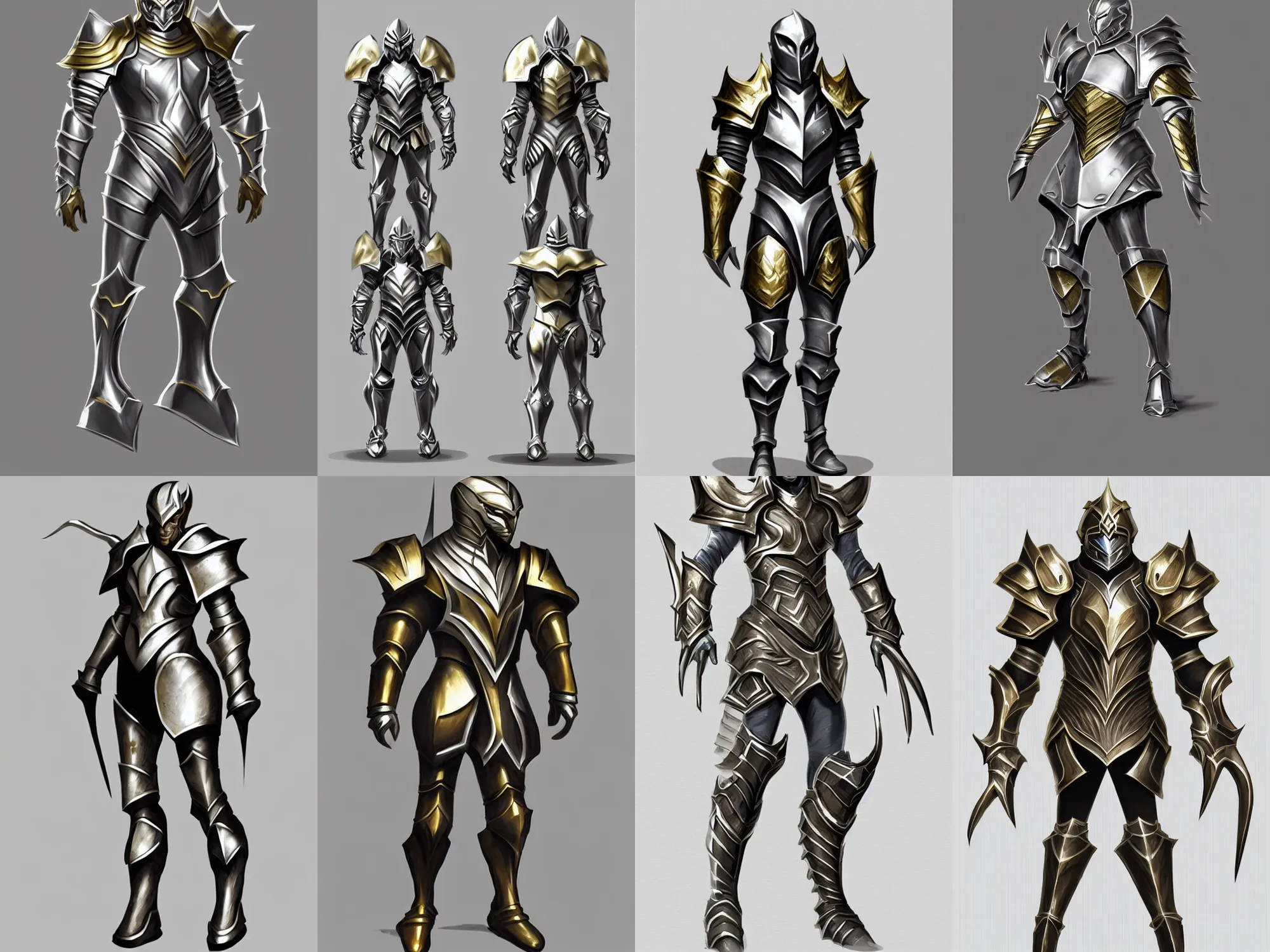 Prompt: fantasy armor, big shoulders, concept sketch, silver with gold trim, extremely polished, heavy exaggerated proportions, flat shading, smooth, uncluttered, extremely clean, fantasy character portrait, professional concept art, orthographic front view, A-pose, full body