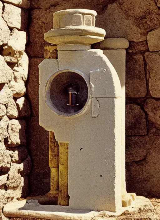 Prompt: ultra very realistic photo of a a medieval temple chemistry appliance pump, made of wood white clay 1 9 9 0, life magazine photo, natural colors, museum collection, kodak