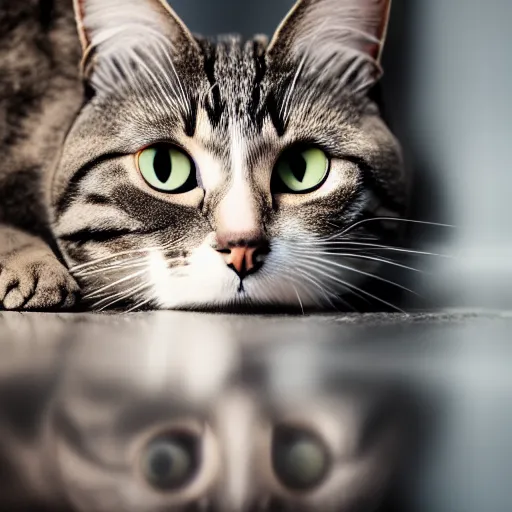 Prompt: a cat on to legs staring into reflection, 4 k, photography