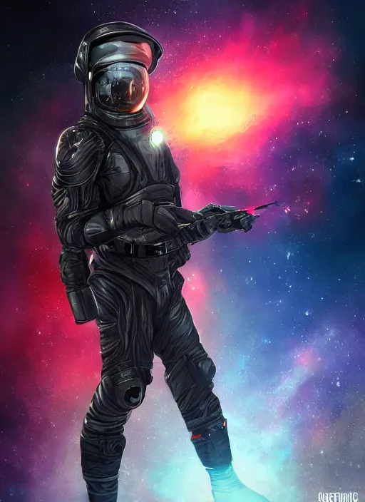 Prompt: fit black space soldier in an advanced spacesuit in front of exploding nebulae, digital illustration trending on artstation by artgerm and rutkowski