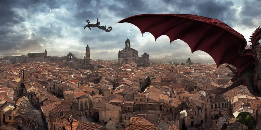 Image similar to the monumental city of caceres with a dragon flying over it, dramatic lighting, cinematic, extremly high detail, photorealistic, cinematic lighting, post processed, concept art, artstation, matte painting, style by greg rutkowsky