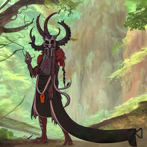 Prompt: concept art painting of an anthropomorphic dragon king with robes, a long dragon neck, and horned skull mask, in a deep forest, cel shaded, in the style of makoto shinkai and james gurney and studio ghibli and moebius