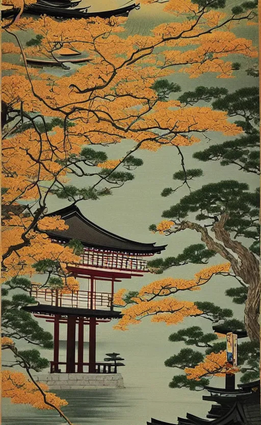 Image similar to japanese inspired poster, beautiful japanese architecture and nature, oil on canvas, japanese art beautiful aesthetic