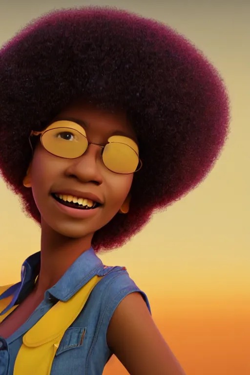 Image similar to a centered render of a super cool afro girl from the seventies wearing flares, by dreamworks, by pixar, by viktoria gavrilenko, by leticia gillett, octane render, 3 d, 8 k