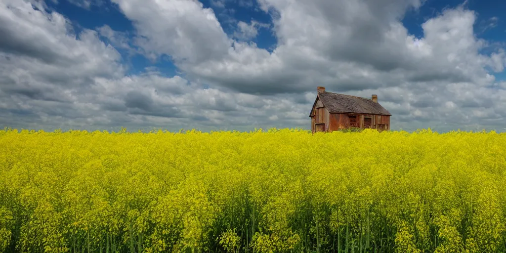 Prompt: An abandoned house in the middle of a field of rapeseed, 4K, wide shot, photorealistic