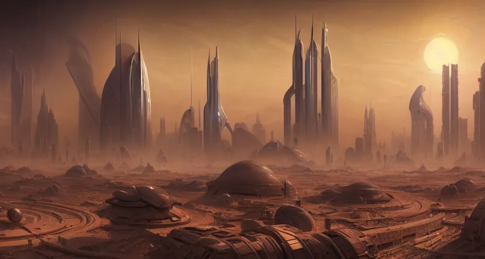 Image similar to cinematic shot, futuristic city on the mars with towers made of stacked disks, utopian, digital painting, artstation, concept art, smooth, sharp focus, illustration, intricate, elegant, highly detailed, in the style of greg rutkowski and alphonse mucha and artemisia, 8 k, highly detailed, jurgens, rutkowski