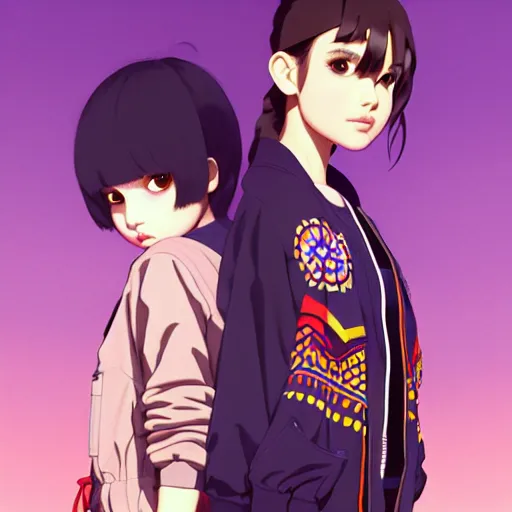 Image similar to a beautiful boyish natalie portman gravure model, wearing oversized mayan bomber jacket and leotard with overalls, bulky poofy bomber jacket with mesoamerican patterns, mesoamerican street fashion, gapmoe yandere grimdark, trending on pixiv fanbox, painted by greg rutkowski makoto shinkai takashi takeuchi studio ghibli, akihiko yoshida