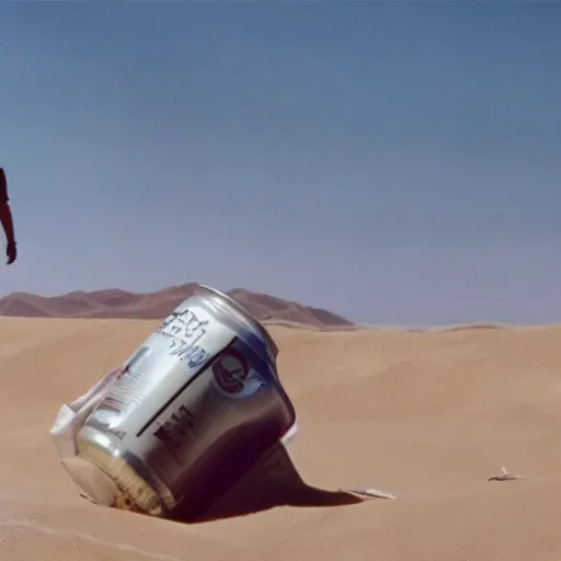 Prompt: a man wearing a hazmat suit, in the desert, giant pepsi cans imbedded in sand in background, film still, panavision panaflex