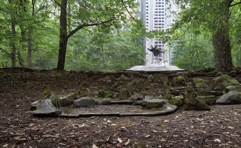 Prompt: shrine of a black hole in the middle of sacred forest in the middle of skyscraper city. enigmatic photo
