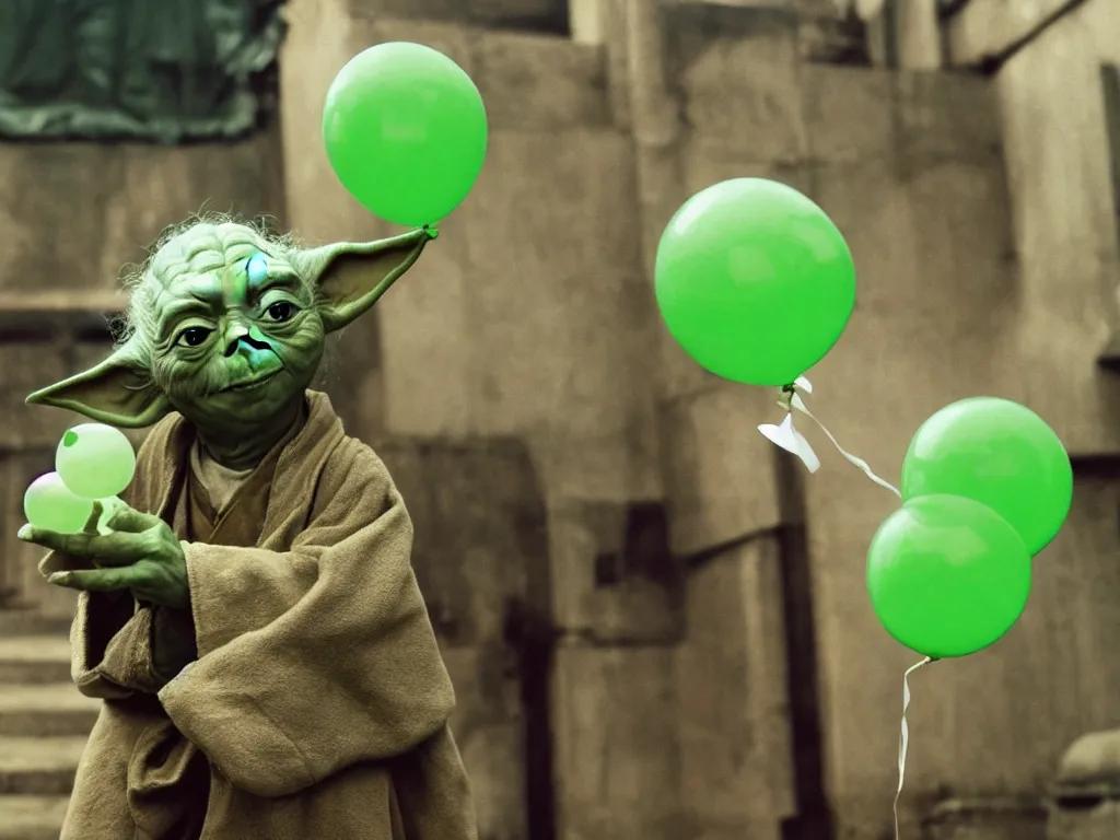 Image similar to a photo of yoda holding a green balloon in the tokyo suburbs by wes anderson, highly detailed, trending on artstation