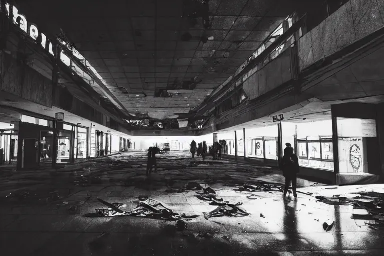 Image similar to low angle photo of a abandoned cyberpunk shopping mall, a crew of high tech soldiers are running out, dead human bodies on the floor, cinematic lightning, ray tracing, unreal engine, photorealistic, detailed, dark, moody, foggy, scary