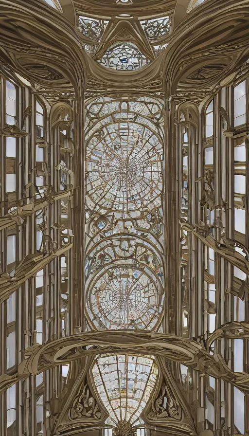 Prompt: Looking up into interior of art nouveau architecture tower inspired by interior of Cappella della Sacra Sindone, tiny angel floating in center, Otto Wagner, volumetric light, highly detailed, hyperrealism, a sense of awe, octane render, unreal engine, cinematic, epic, deep depth of field, dutch angle, one-point perspective, 8k