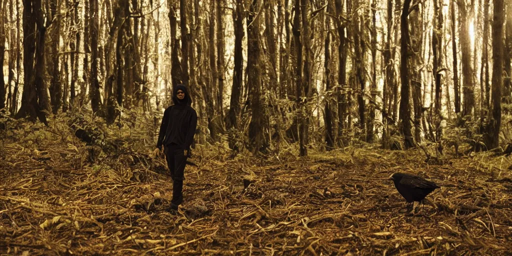 Image similar to mixture between a human and crow, golden hour, photograph captured in a forest