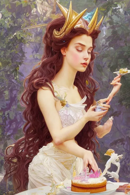 Image similar to portrait of princess celestia scarfing down an entire cake, intricate, elegant, highly detailed, digital painting, artstation, concept art, sharp focus, illustration, art by artgerm and greg rutkowski and alphonse mucha