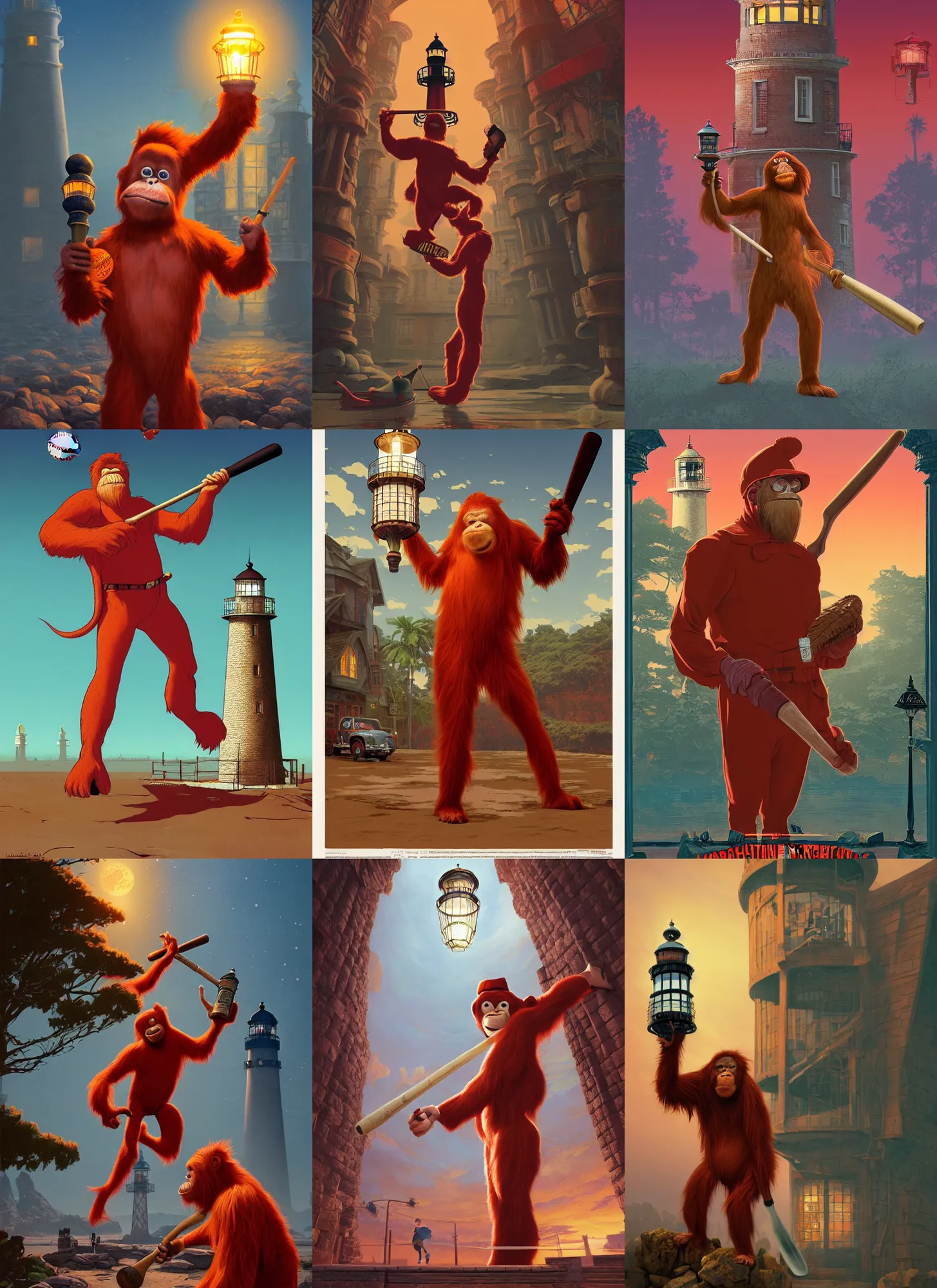 Prompt: rendering of red orangutan dressed as antiquary holding lighthouse toy as baseball bat, library interior background, travel poster artwork by michael whelan and tomer hanuka, high contrast, full of details, by makoto shinkai and thomas kinkade, matte painting, trending on artstation and unreal engine