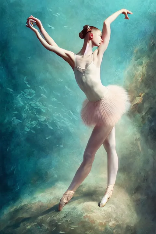 Prompt: stunningly beautiful, ballerina at the bottom of the great barrier reef, smooth, focus, highly detailed, hyper realistic, dramatic lighting, intricate, concept art, art by wlop, mars ravelo