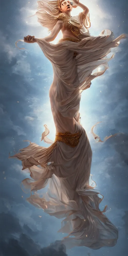 Prompt: goddess athena dancing in the wind, beautiful, ethereal, gorgeous, volumetric lighting, elegant, fluid, highly detailed, digital painting, concept art, highly detailed, smooth, illustration, limited color palette, atmosphere and tension, trending on artstation