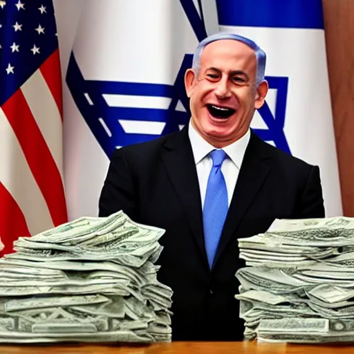 Prompt: benjamin netanyahu laughing maniacally counting piles of cash