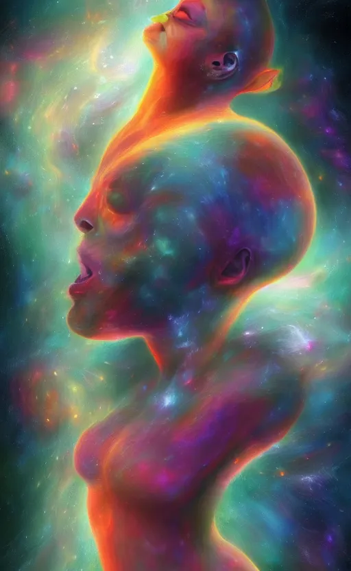 Image similar to the soul detaching from the body in the universe, artstation, digital painting