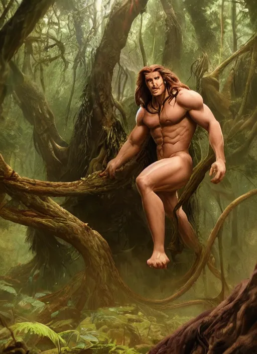 Image similar to A beautiful digital painting of tarzan in the mirkwood forrest looking at the camera by Stanley Artgerm Lau, frank frazetta, Rossdraws, James Jean, gerald brom, Andrei Riabovitchev, Marc Simonetti, and Sakimichan, trending on artstation