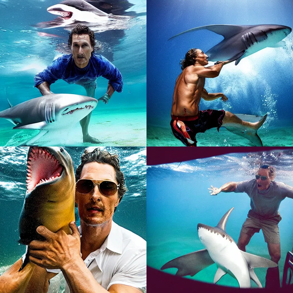 Prompt: Matthew McConaughey punching a shark underwater, photography