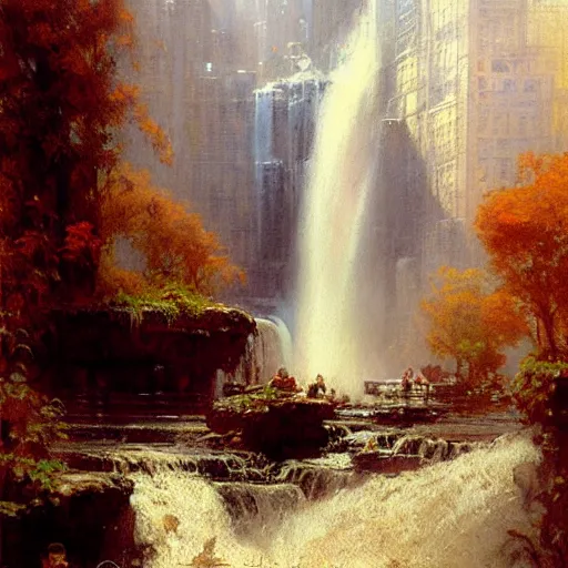 Prompt: waterfall flooding the city of new york. highly detailed painting by gaston bussiere, craig mullins, j. c. leyendecker