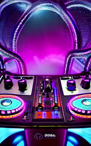 Image similar to award winning photo of an octopus! as a dj with tentacles! simultaneously placed turntables cdjs and knobs of a pioneer dj mixer. sharp, blue and fuschia colorful lighting, in front of a large crowd, studio, medium format, 8 k detail, volumetric lighting, wide angle, at an outdoor psytrance festival main stage at night