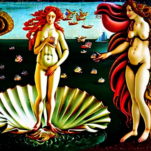 Image similar to birth of venus, steam punk!!!!!, in the style botticelli, 8 k, oil painting,