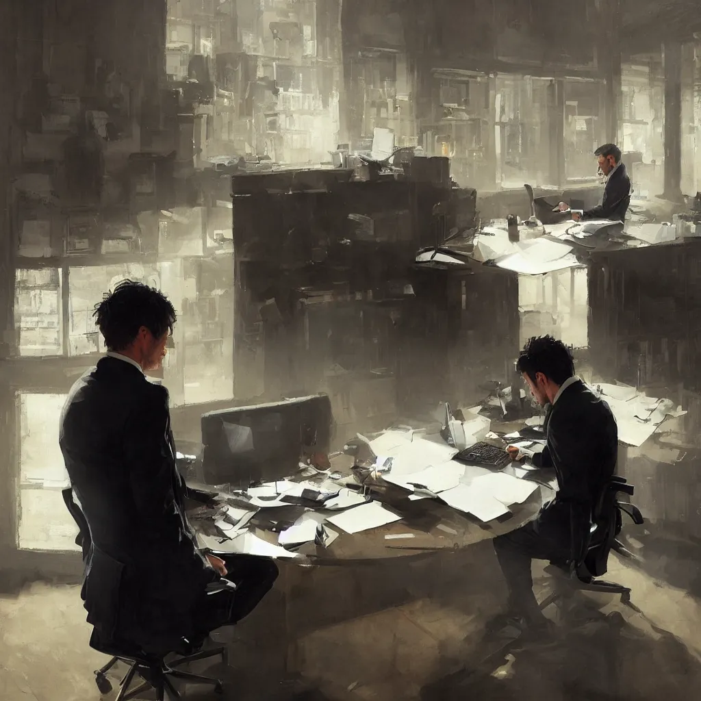 Prompt: a man wearing a black suit working in his office by greg rutkowski