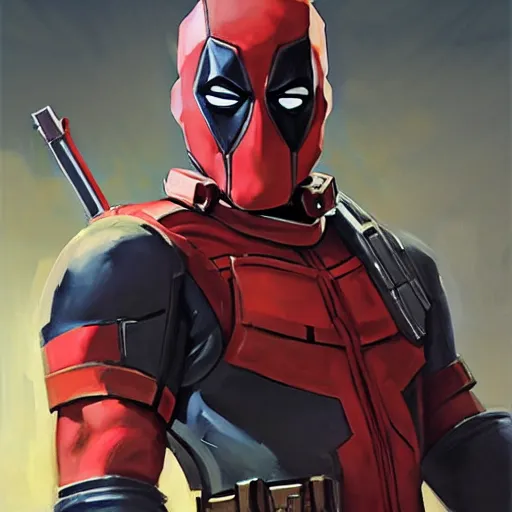 Image similar to greg manchess portrait painting of armored deadpool as overwatch character, medium shot, asymmetrical, profile picture, organic painting, sunny day, matte painting, bold shapes, hard edges, street art, trending on artstation, by huang guangjian and gil elvgren and sachin teng