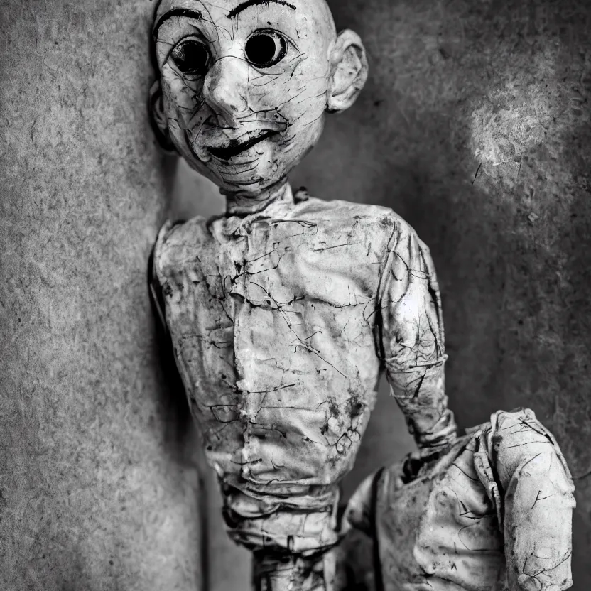 Image similar to creepy ventriloquist dummy in the style of roger ballen, 4 k, bw, portrait