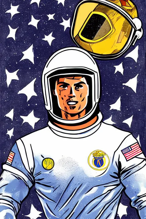 Image similar to portrait of cristiano ronaldo with astronaut armor and helmet, majestic, solemn, american comic style