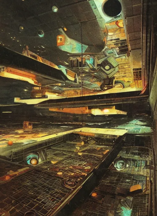 Prompt: Loaves of bread floating, interior of derelict space station, 60s sci-fi book cover