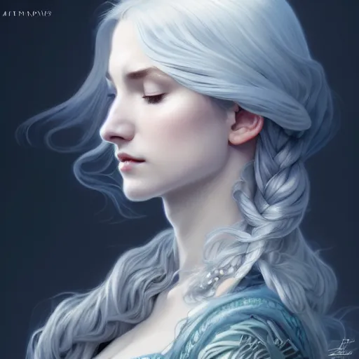 Image similar to closed eyes, aristocrat, white grey blue color palette, female, d & d, fantasy, intricate, elegant, highly detailed, long silver hair, digital painting, artstation, octane render, concept art, matte, sharp focus, illustration, hearthstone, art by artgerm, alphonse mucha johannes voss