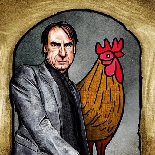 Image similar to saul goodman and a rooster in a medieval torture chamber, saw blades and knives in the background, horror movie, saul goodman, rooster, real life photo, detailed face