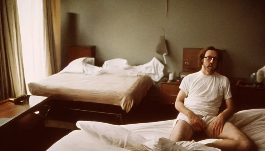 Image similar to 1 9 7 0 s movie still of the marc aurele hysteric on his bed in a antic palace, cinestill 8 0 0 t 3 5 mm, high quality, heavy grain, high detail, cinematic composition, dramatic light, anamorphic, ultra wide lens, hyperrealistic