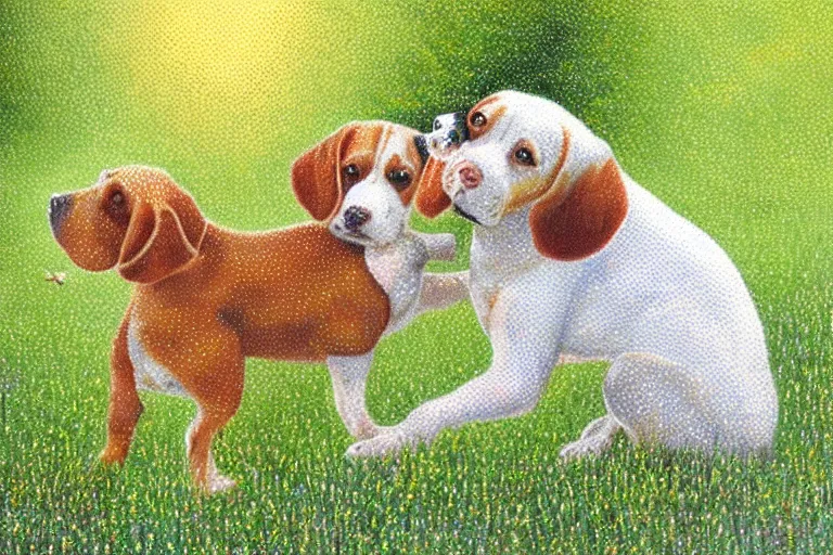 Image similar to pointillism painting of a white and caramel beagle dog playing with dragonfly in a backyard, harsh lighting, detailed, trending on artstation, dull pastel colors, bright, god rays, dreamy, trending on artstation