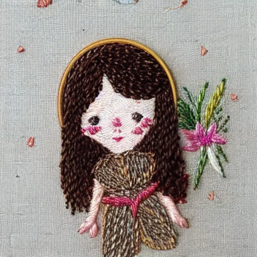 Image similar to a tiny beautiful handmade embroidery of a little girl with brown curly hair. hand embroidery.