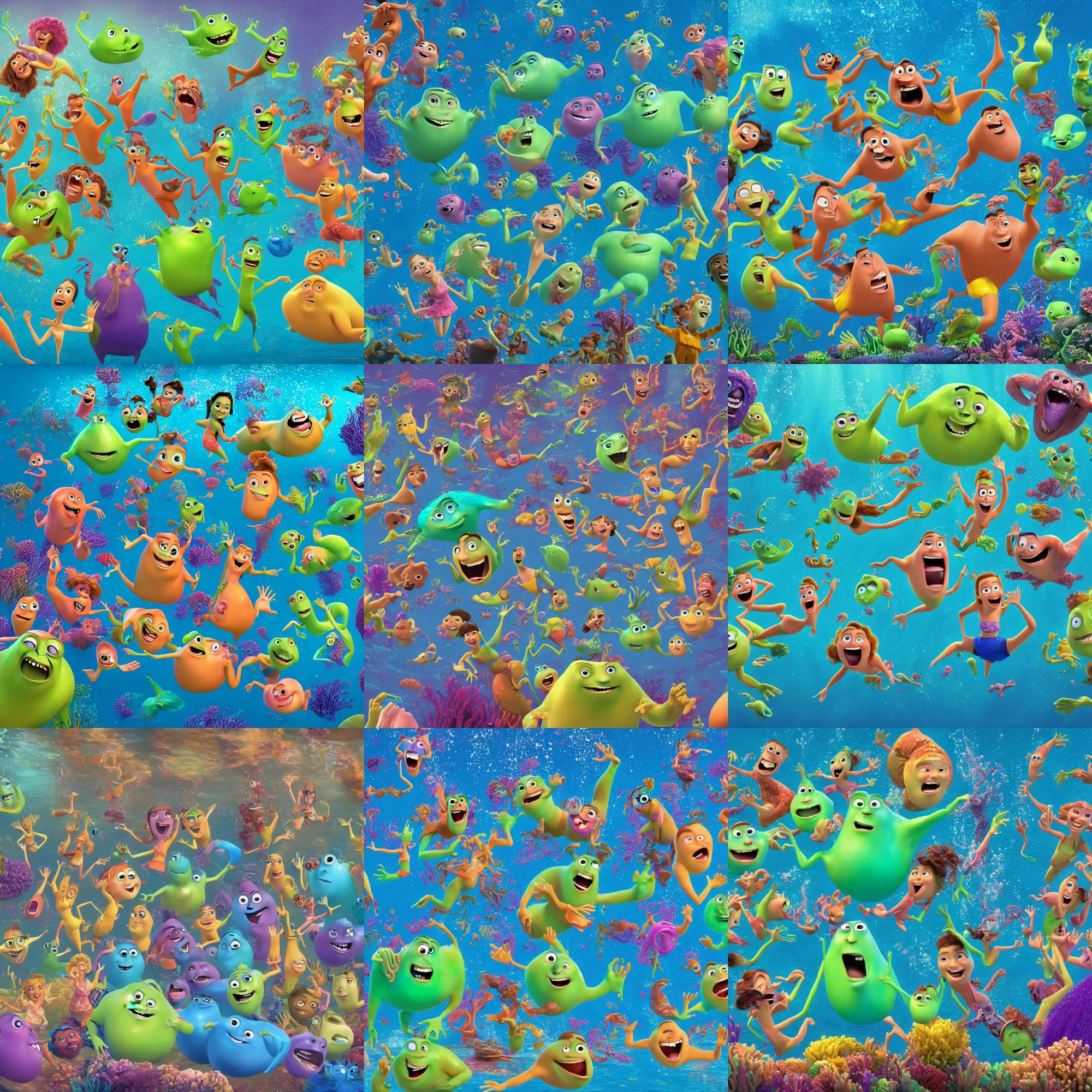 Prompt: full body shot of a bunch of people dancing underwater, pixar illumination studios animated movie by john lasseter, extremely joyful and eerie smiles, slimy fluid liquid blobs