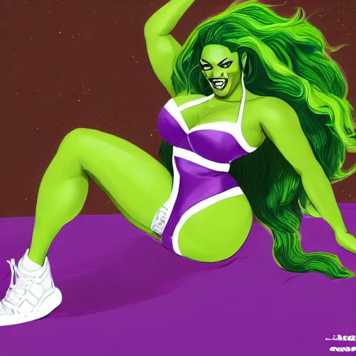 Prompt: Singer Beyoncé as She-Hulk, white leotard with two purple vertical stripes, green skin, wearing purple and white fingerless gloves, wearing purple and white sneakers, mini skirt, smiling, photorealistic, comic pinup style, sports illustrated, detailed legs, hyperreal, surreal, artstation, bokeh, tilt shift photography, photo illustration, Roge Antonio, Jen Bartel