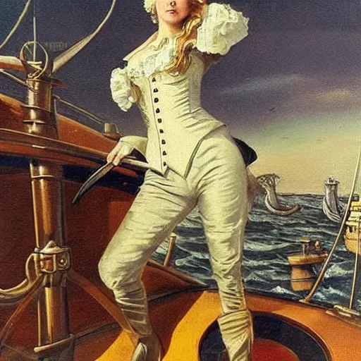 Prompt: a fierce, beautiful, friendly, calm, blonde, well - dressed, steampunk, covered, armed, pirate captain, standing on the deck of her ship gazing at the horizon through a spyglass ready for battle in 1 7 3 0, masterful painting