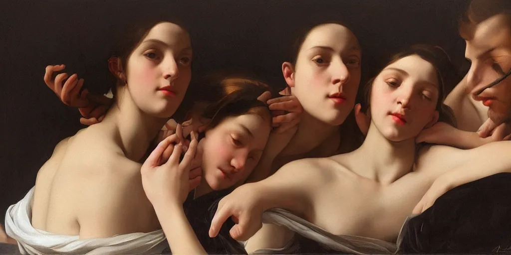 Image similar to beautiful oil matte portrait painting, multiple bodies intertwined, wonderful masterpiece highly detailed, beautiful cinematic light deep focus, elegant, digital painting, smooth, sharp focus, golden ratio, dramatic illumination, ultra realistic, 8 k, art by artemisia lomi gentileschi and caravaggio