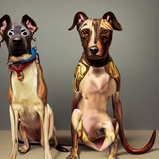 Image similar to a william wegman photograph of two dogs standing on hind legs 4k, hyperrealistic, focused, extreme details, unreal engine 5, cinematic, masterpiece, high resolution, detailed, painting by raqib shaw W- 1080