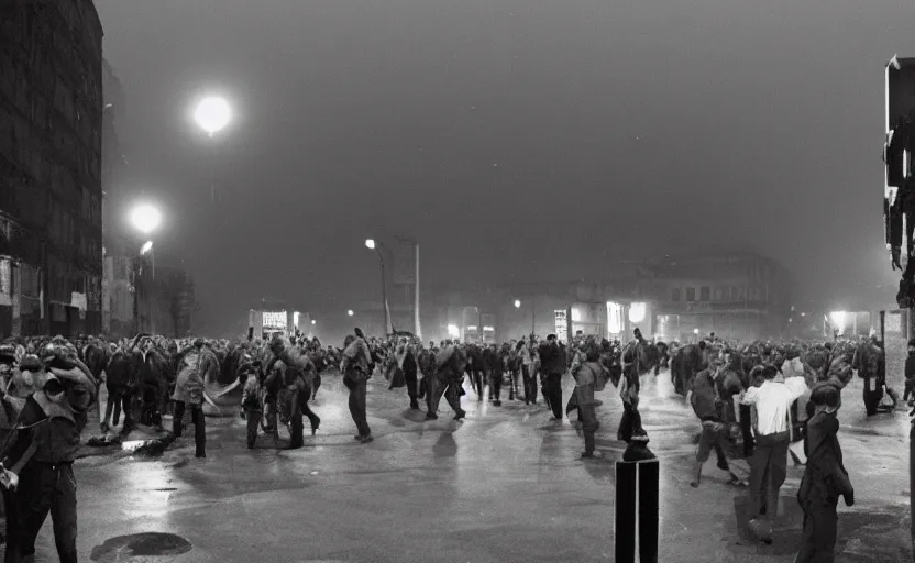 Image similar to 1990s movie still of a yougoslavian street with a large crowd fighting soviet soldiers, with stalinist style highrise, Cinestill 800t 35mm black and white, heavy grainy picture, very detailed, high quality, 4k panoramic, HD criterion, dramatic lightning, streetlight at night, foggy