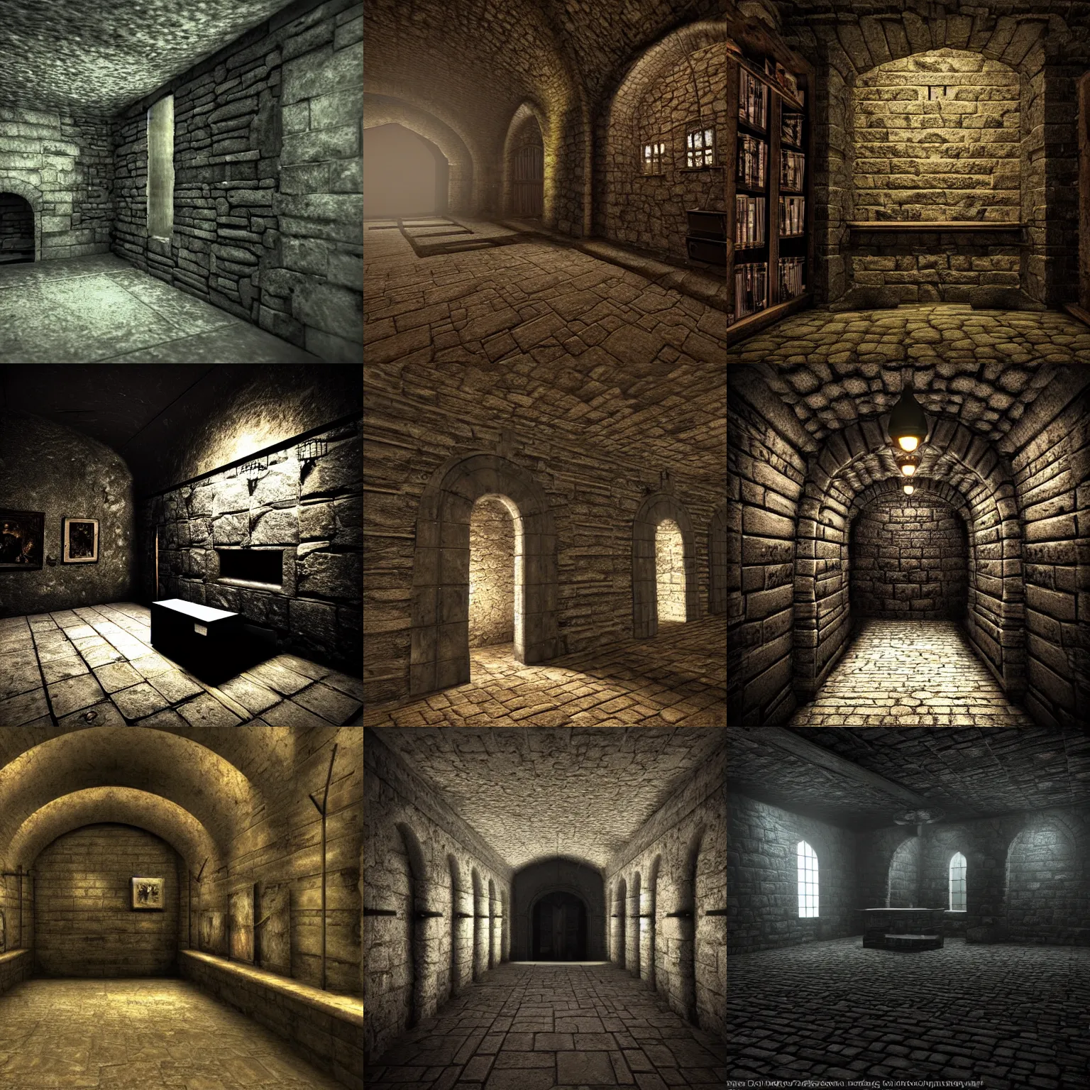 Prompt: dark crypt room with bookshelves, stone walls, gloomy, midnight, shadow, unreal engine, style of gothic art