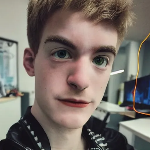 Image similar to “a realistic detailed photo of a guy who is an attractive humanoid who is half robot and half humanoid, who is a male android, twitch streamer Ninja Tyler Blevins, shiny skin, posing like a statue, blank stare, gaming room, eyes glitching”